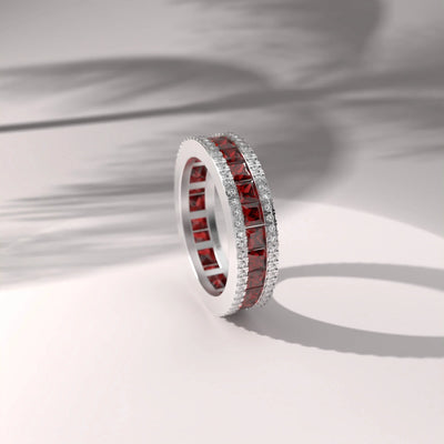 Princess Cut Garnet Wedding Band With Side Pave