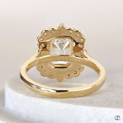 Lab grown emerald cut diamond engagement ring with halo design
