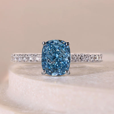 blue diamond engagement ring cushion cut design