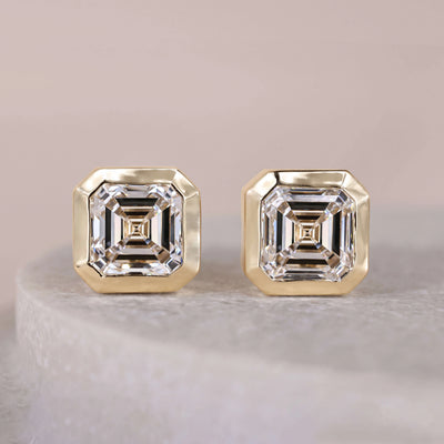 bezel diamond earrings asscher cut gold studs