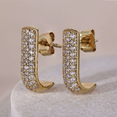 three row pave set huggie hoop diamond earrings
