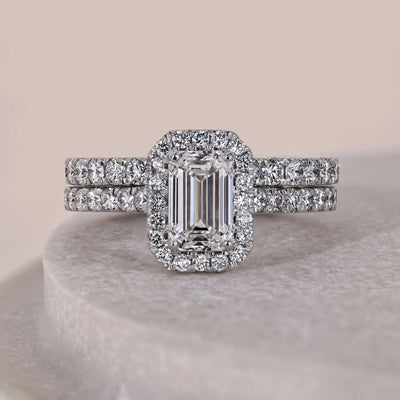 emerald cut diamond ring halo bridal set design