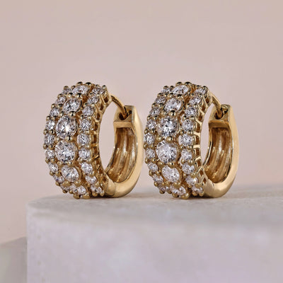 triple row diamond huggie hoop earrings gold
