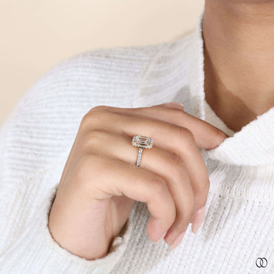 emerald cut diamond ring halo pave gold ring