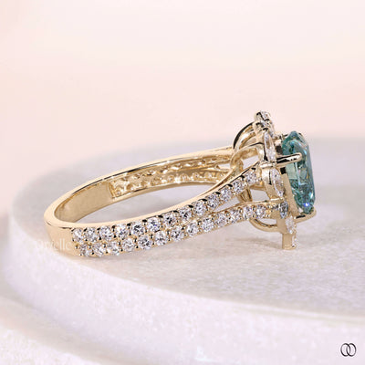 Unique heart shaped engagement ring with halo and pave diamonds