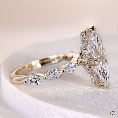 Lab grown marquise diamond ring with V prong and hidden halo design