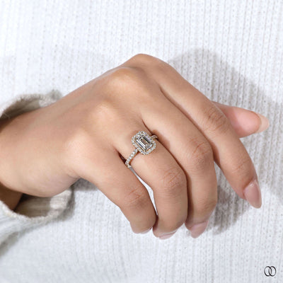 emerald cut diamond ring round prong pave band