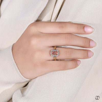 pinkish orange diamond ring yellow gold design