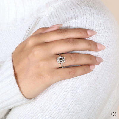 yellow gold ring emerald cut diamond pave band