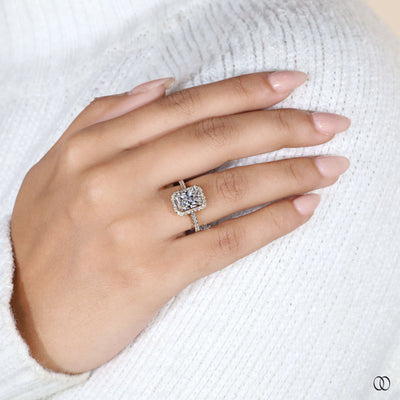 Pave setting ring paired with radiant engagement ring