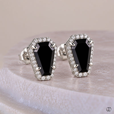 coffin cut halo earrings white gold