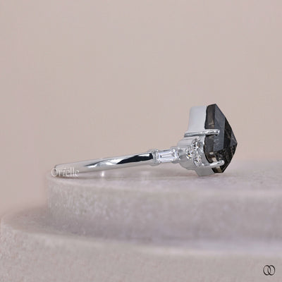 Salt And Pepper Kite Cut Engagement Ring With Side Round And Baguette