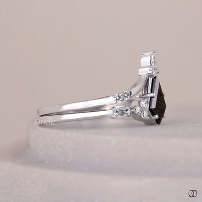 Salt & Pepper Kite Cut Ring With Tiara Round Brilliant Wedding Band