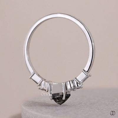 Salt And Pepper Kite Cut Engagement Ring With Side Round And Baguette