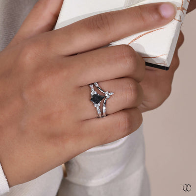 Salt & Pepper Kite Cut Ring With Tiara Round Brilliant Wedding Band