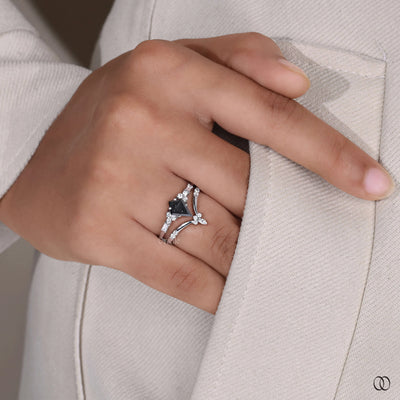 Salt & Pepper Kite Cut Ring With Tiara Round Brilliant Wedding Band