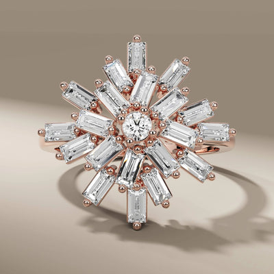unique design ring with starburst round and baguette stones