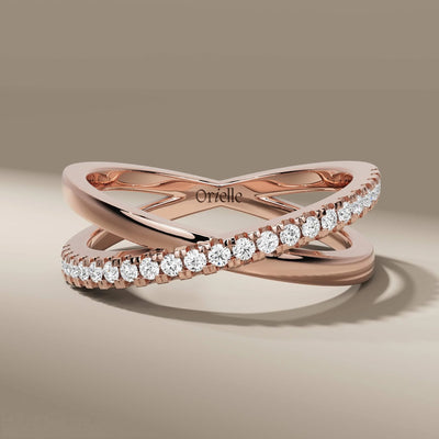 designer wedding band with infinity crossover moissanite look