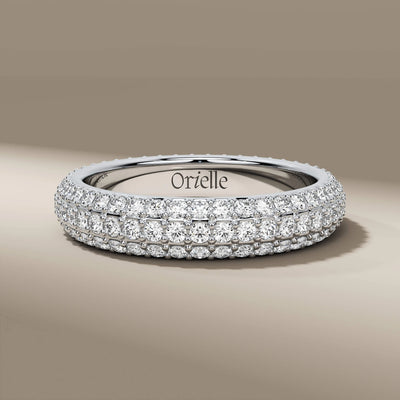 Unique design three row pave band crafted in polished gold