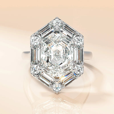 Designer hexagon promise ring with moissanite halo sparkle