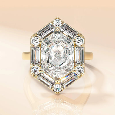 Hexagon halo engagement ring with baguette and round stones