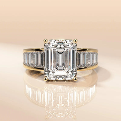 Unique design engagement ring with baguette and pave accents