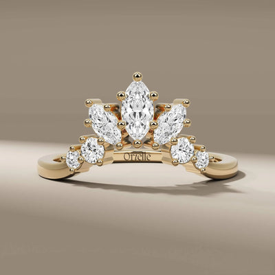 Tiara wedding band with marquise and round diamonds in yellow gold