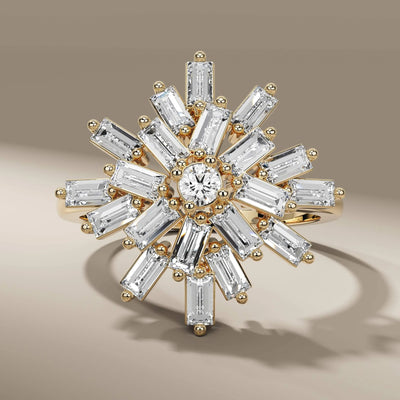 starburst engagement ring with round and baguette diamonds