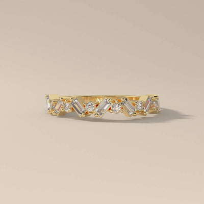 Designer yellow gold band with round cut moissanite sparkle