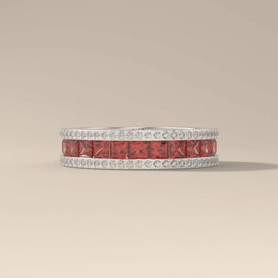 Princess Cut Garnet Wedding Band With Side Pave