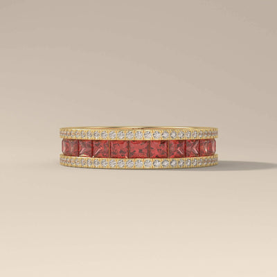 Garnet wedding band with princess cut moissanite in eternity style