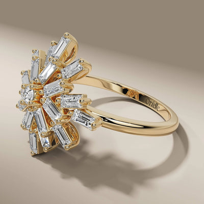 prong setting ring featuring starburst baguette diamond style