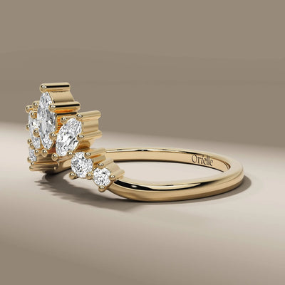 Yellow gold tiara band with lab grown marquise and round stones