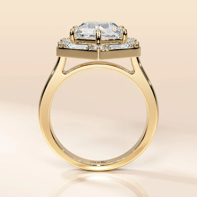 Unique design hexagon halo ring with round and baguette cuts