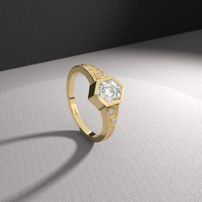 Moissanite promise ring with hexagon cut and filigree details
