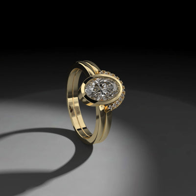 Oval Bezel Engagement Ring with White Gold Moissanite Bridal Set
