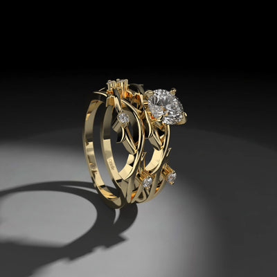 Yellow Gold Vine Twist Bridal Set with Leaf Style Moissanite Ring
