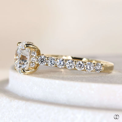 Unique round diamond ring with pave engagement band
