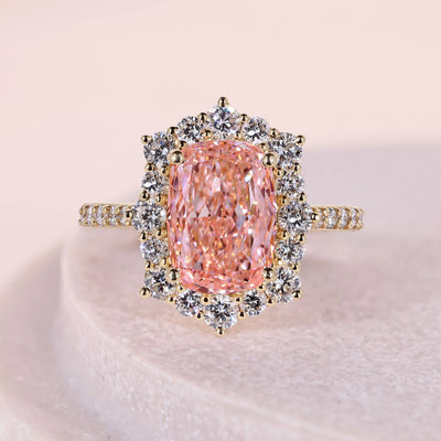 14K Yellow Gold Cluster Set Halo Elongated Cushion Cut Ring