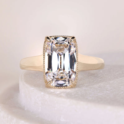 elongated cushion cut diamond ring yellow gold
