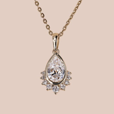 Half Halo With Bezel Set 14K Yellow Gold Teardrop Pendant