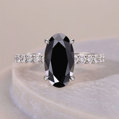 14k Moval Cut Black Moissanite ring With Prong And Pave Set