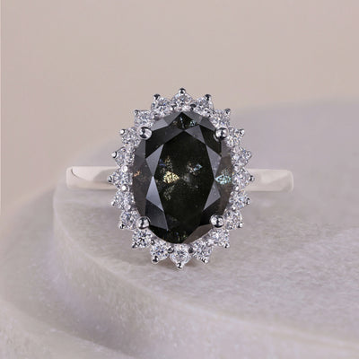Salt And Pepper Oval Cut Starburst Halo Engagement Ring
