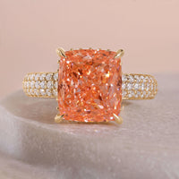 Three Row Pave Fancy Orange Cushion Cut Engagement Ring