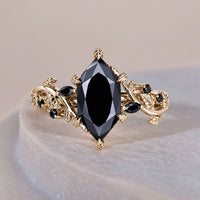 Leaf Prongs Set Black Moissanite Dutch Marquise Engagement Ring