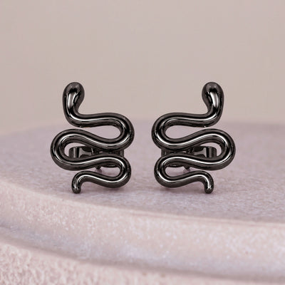 Designer Snake Stud Black Metal Gold Earrings