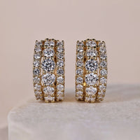 14K Triple Row Round Diamond Huggie Hoop Earring For Women