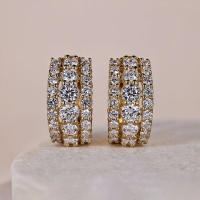triple row diamond huggie hoop earrings gold
