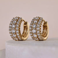 14K Triple Row Round Diamond Huggie Hoop Earring For Women