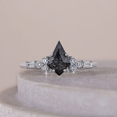 Salt And Pepper Kite Cut Engagement Ring With Side Round And Baguette